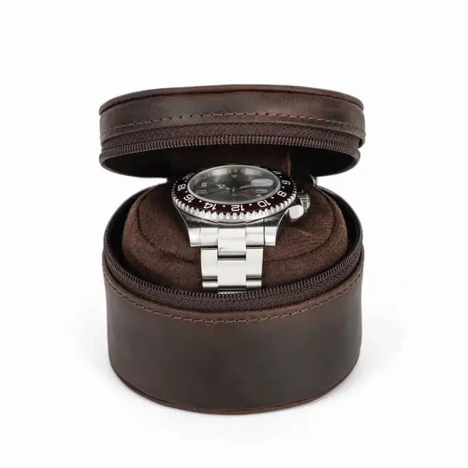 Single Genuine Leather Portable Watch Roll Travel Case | 1 Watch | Brown