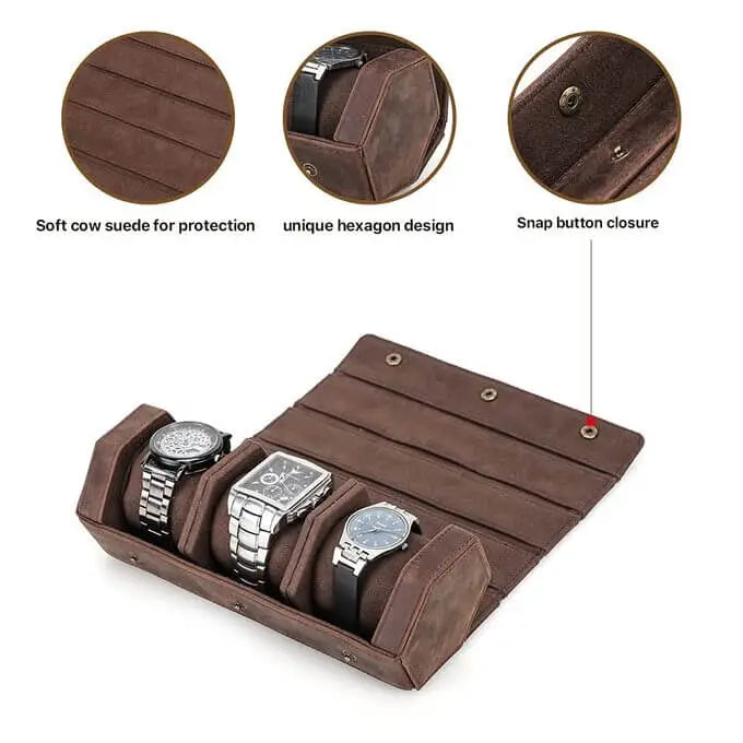 Genuine Leather Hexagon Watch Roll Travel Case | 3 Watches | Coffee