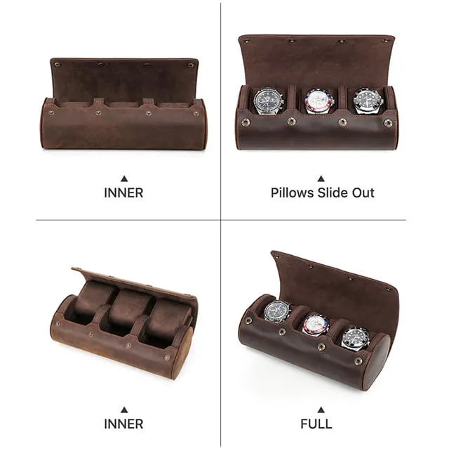 Genuine Leather Watch Roll Travel Case | 3 Watches | Coffee