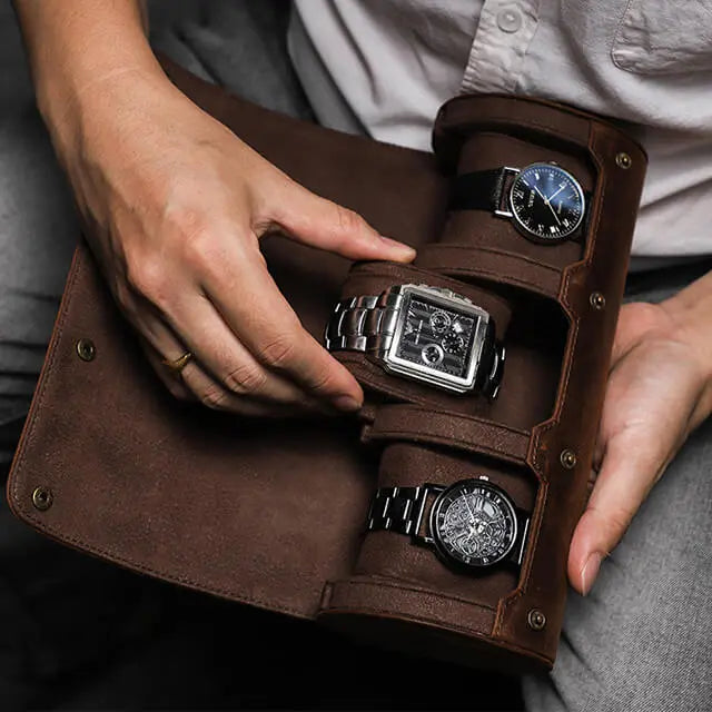 Genuine Leather Watch Roll Travel Case | 3 Watches | Coffee