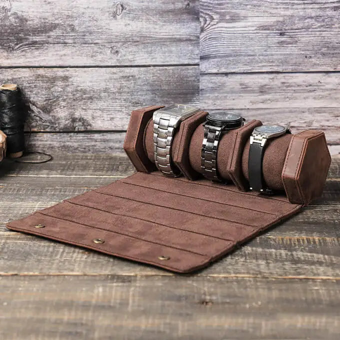 Genuine Leather Hexagon Watch Roll Travel Case | 3 Watches | Coffee