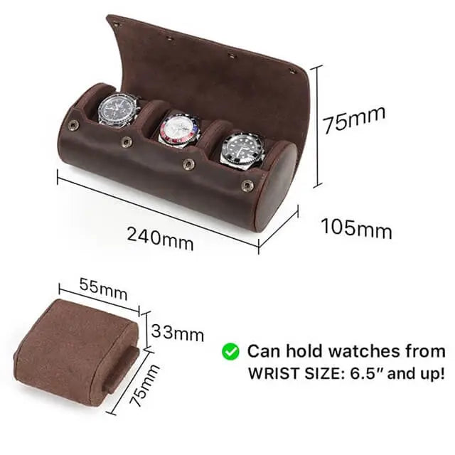 Genuine Leather Watch Roll Travel Case | 3 Watches | Coffee