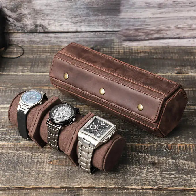 Genuine Leather Hexagon Watch Roll Travel Case | 3 Watches | Coffee