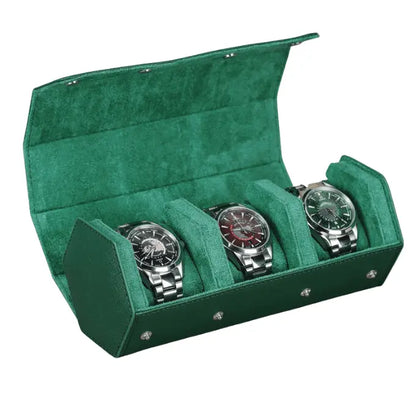 Genuine Leather Watch Roll Travel Case | 3 Watches | Green