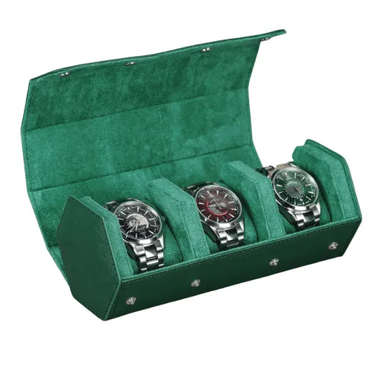 Genuine Leather Watch Roll Travel Case | 3 Watches | Green