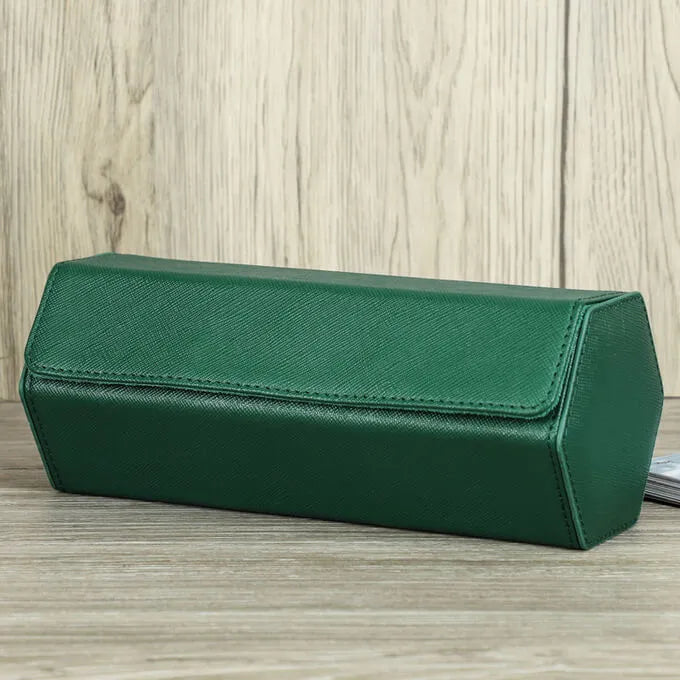 Genuine Leather Watch Roll Travel Case | 3 Watches | Green