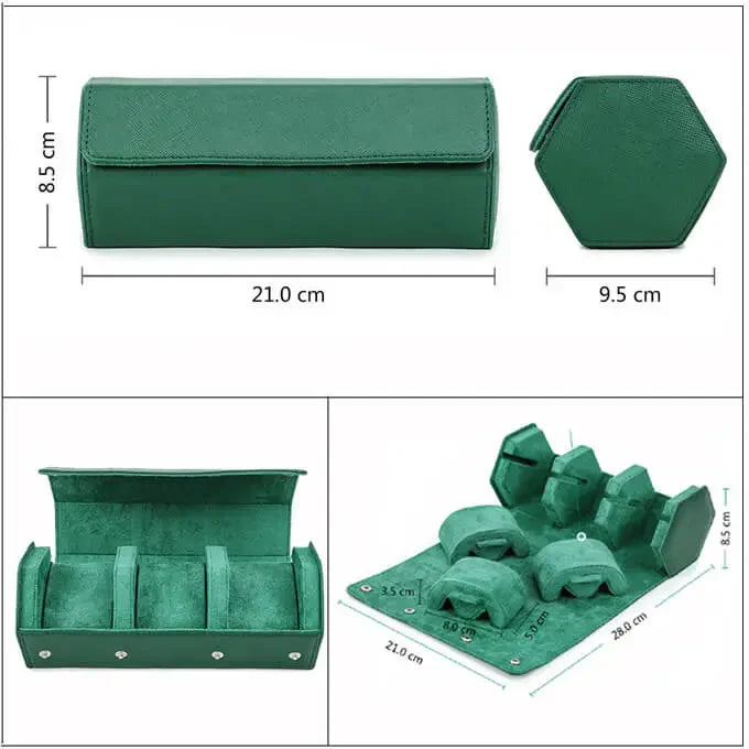 Genuine Leather Watch Roll Travel Case | 3 Watches | Green