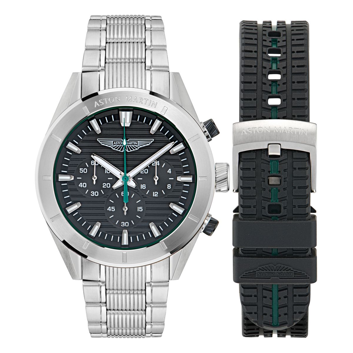 Timex X Aston Martin Watch RSST Case with interchangeable top ring Black Dial RSST Bracelet and Black Silicone Strap