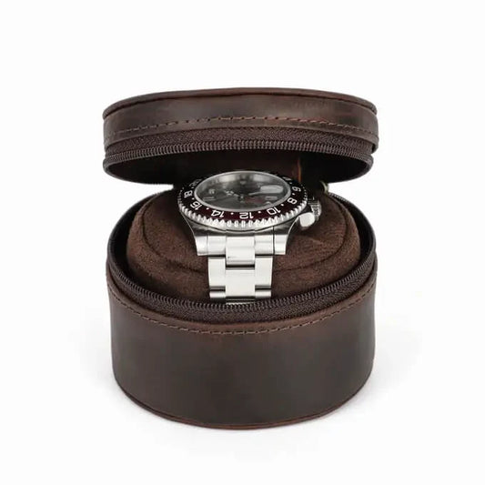 Single Genuine Leather Portable Watch Roll Travel Case | 1 Watch | Brown