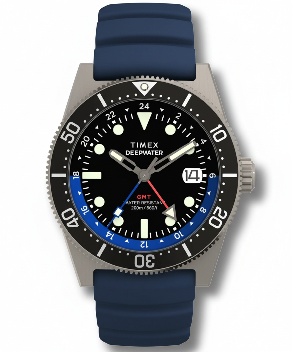 Timex® Deepwater Reef 200 GMT 41mm Synthetic Rubber Strap Watch | Blue