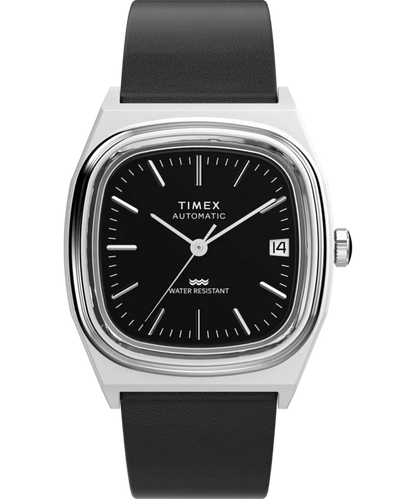 Timex® Automatic 1983 E Line 34mm Leather Strap Watch | Black