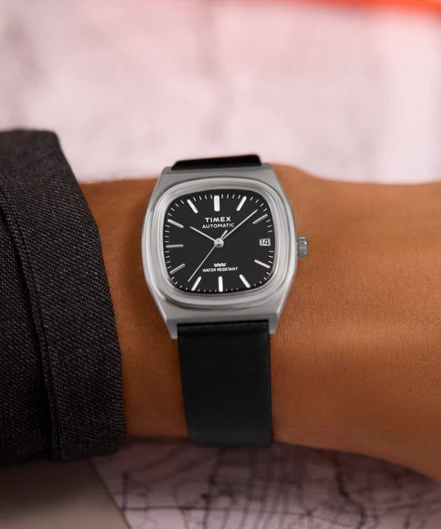 Timex® Automatic 1983 E Line 34mm Leather Strap Watch | Black