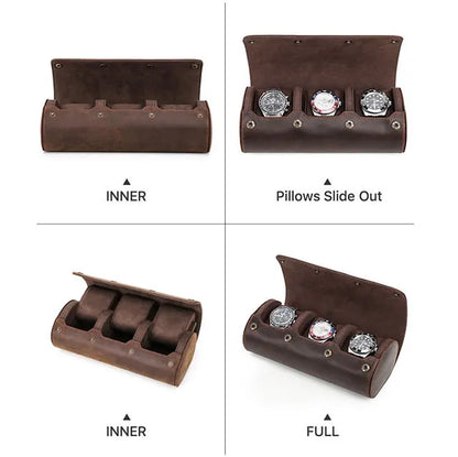 Genuine Leather Watch Roll Travel Case | 3 Watches | Coffee