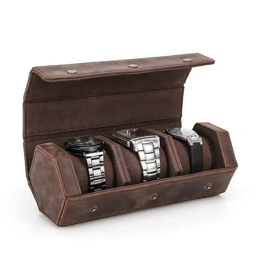 Genuine Leather Hexagon Watch Roll Travel Case | 3 Watches | Coffee