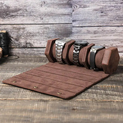 Genuine Leather Hexagon Watch Roll Travel Case | 3 Watches | Coffee