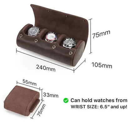Genuine Leather Watch Roll Travel Case | 3 Watches | Coffee