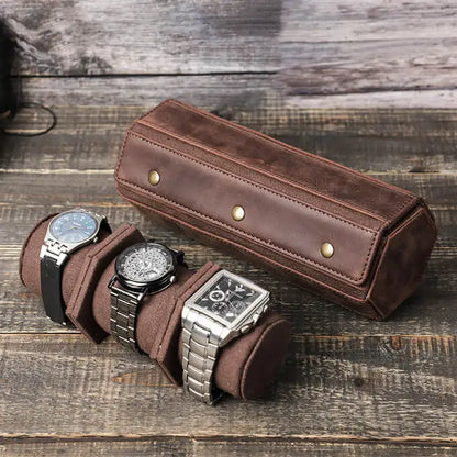Genuine Leather Hexagon Watch Roll Travel Case | 3 Watches | Coffee