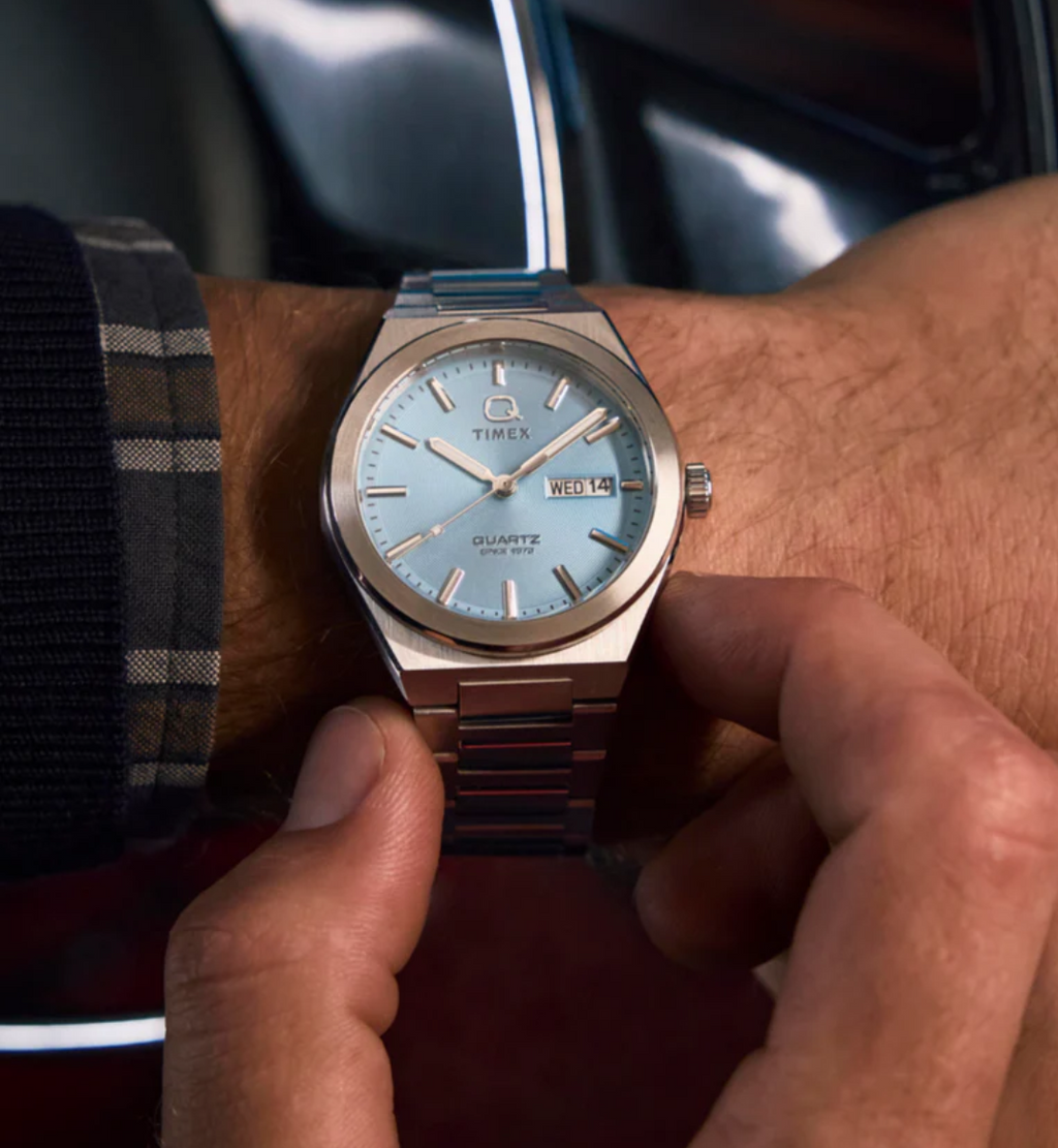 Q Timex® Continental Day Date light blue  39mm Stainless Steel Bracelet Watch TW2Y35200