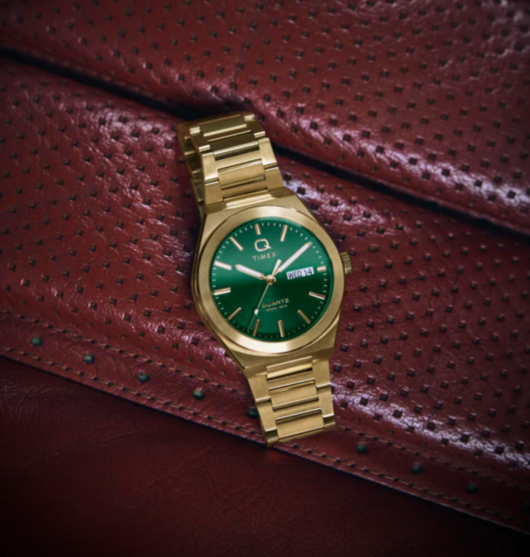 Q Timex® Continental Day and Date Gold and green