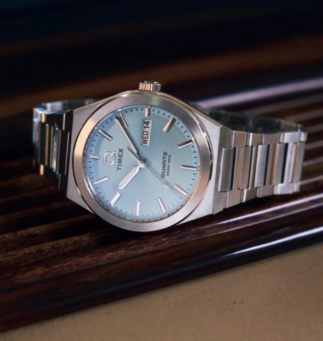 Q Timex® Continental Day Date light blue  39mm Stainless Steel Bracelet Watch TW2Y35200