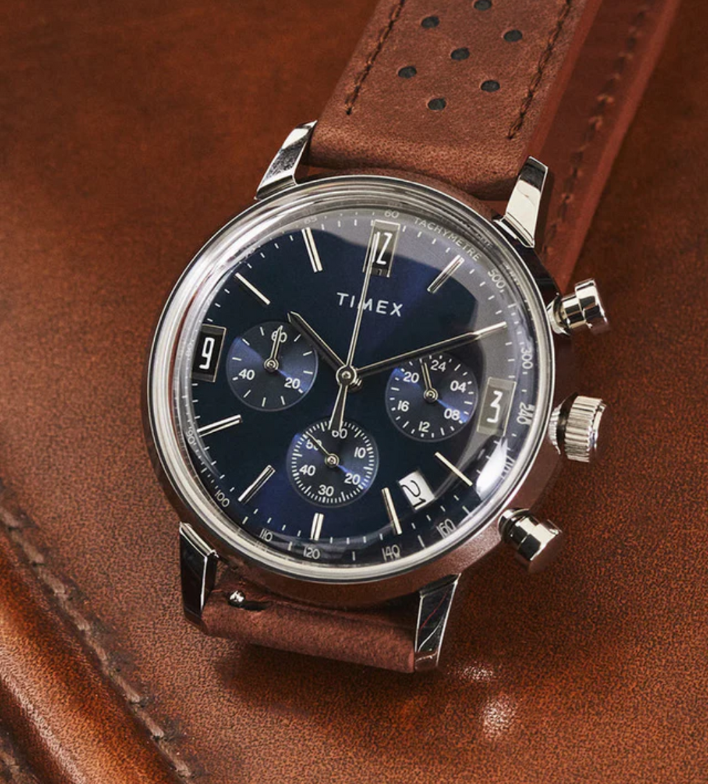 Marlin® Chronograph Tachymeter Blue Dial

40mm Leather Strap Watch