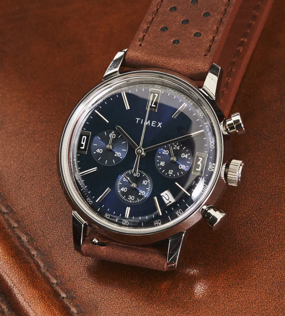 Marlin® Chronograph Tachymeter Blue Dial

40mm Leather Strap Watch