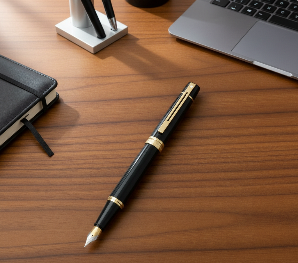 Sheaffer 300 Glossy Black Fountain Pen With Gold Trims - Medium Nip E0932553