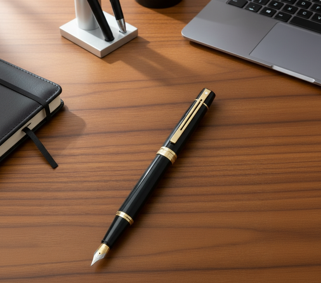 Sheaffer 300 Glossy Black Fountain Pen With Gold Trims - Medium Nip E0932553